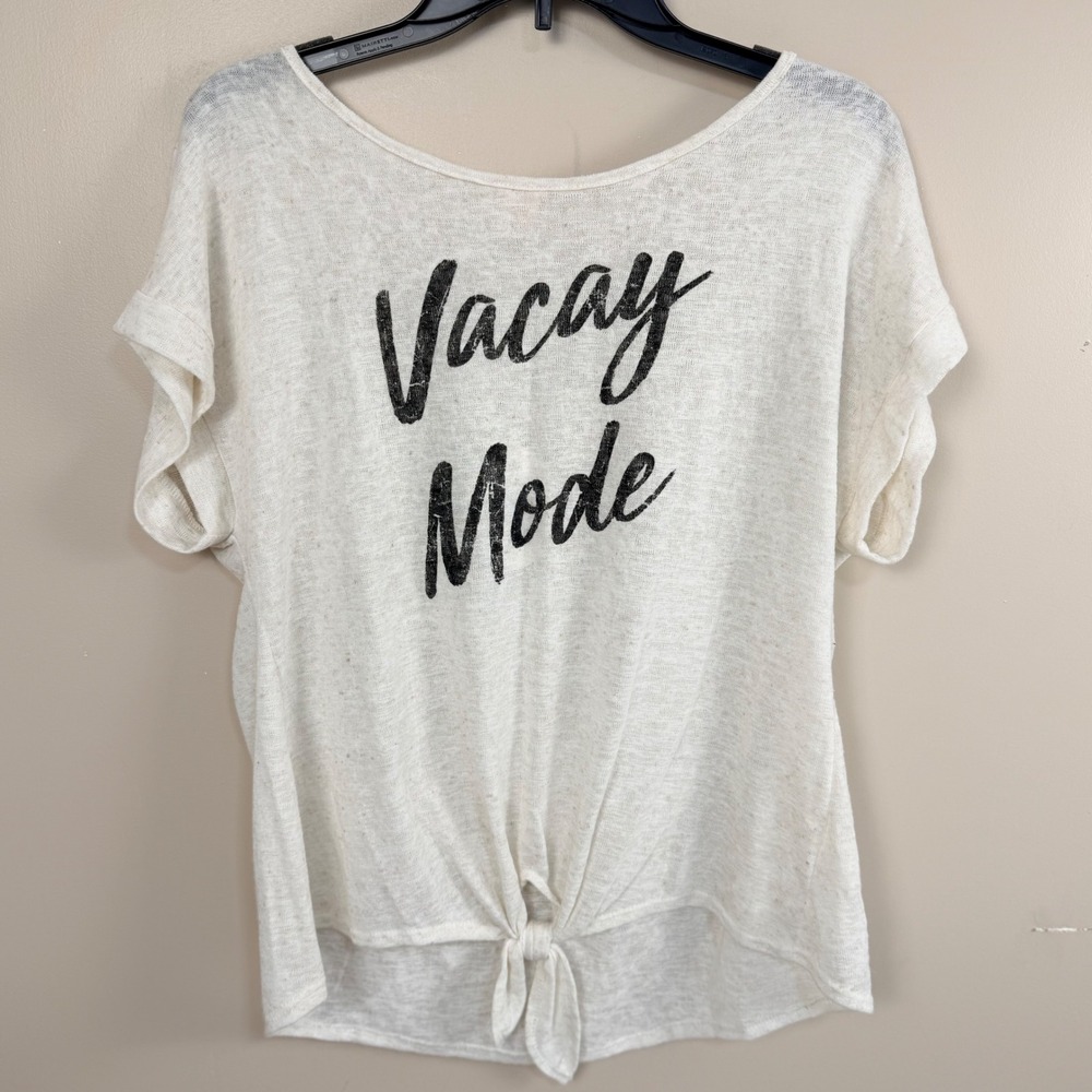I Joah Premium Vacay Mode Front Tie Tee Women Medium Cream Heather Graphic Top
